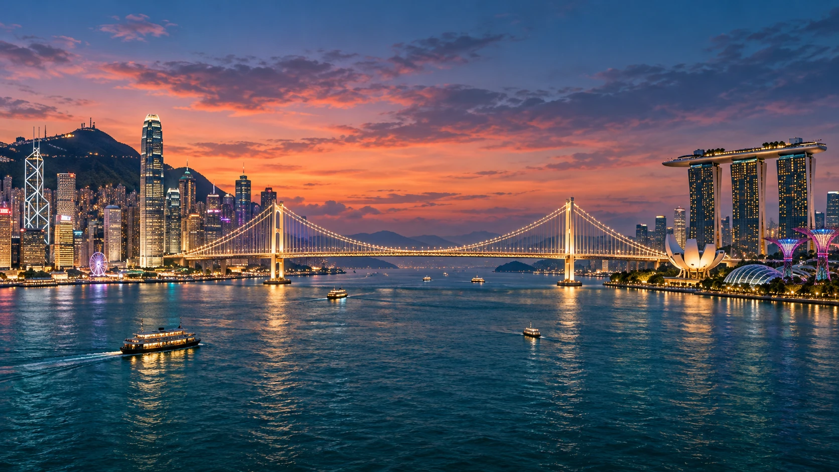 Illustrated bridge connecting Hong Kong ↔ Singapore